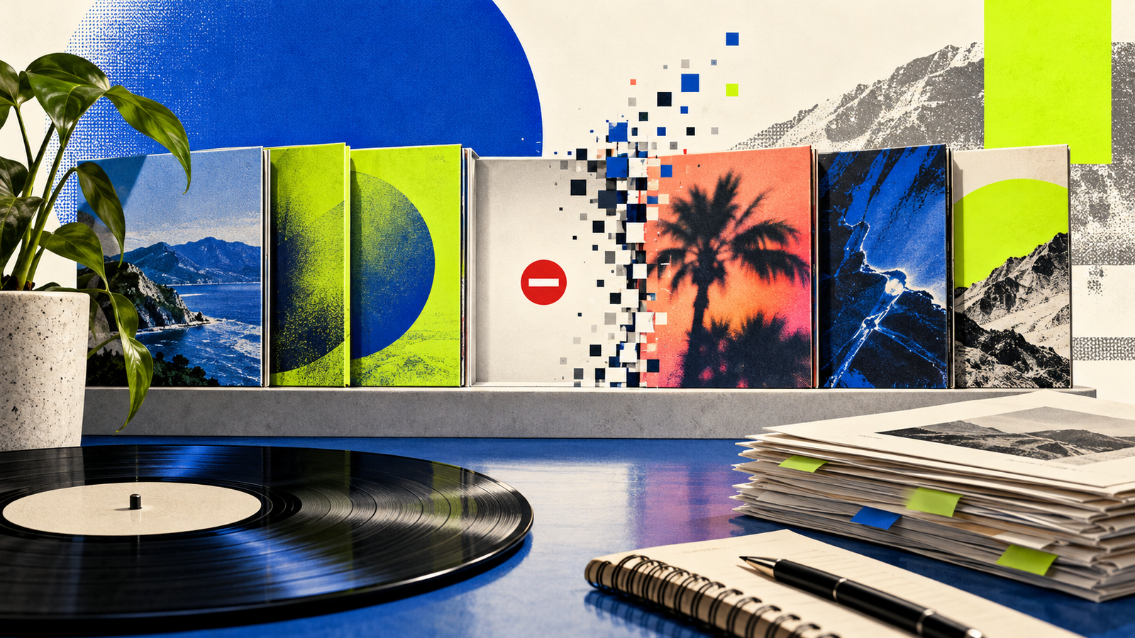 Illustration for DistroKid removed your music: album sleeves with one dissolving into pixels beside a red unavailable symbol, above vinyl and release paperwork.