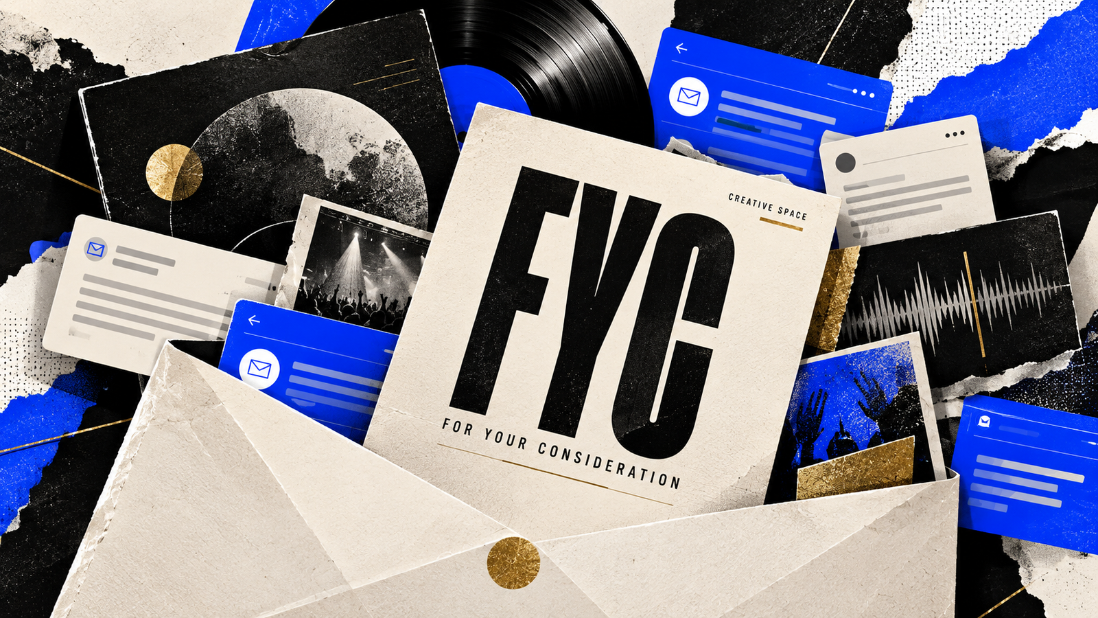 For Your Consideration card in an envelope with cobalt email cards, vinyl and a waveform, illustrated for Creative Space.