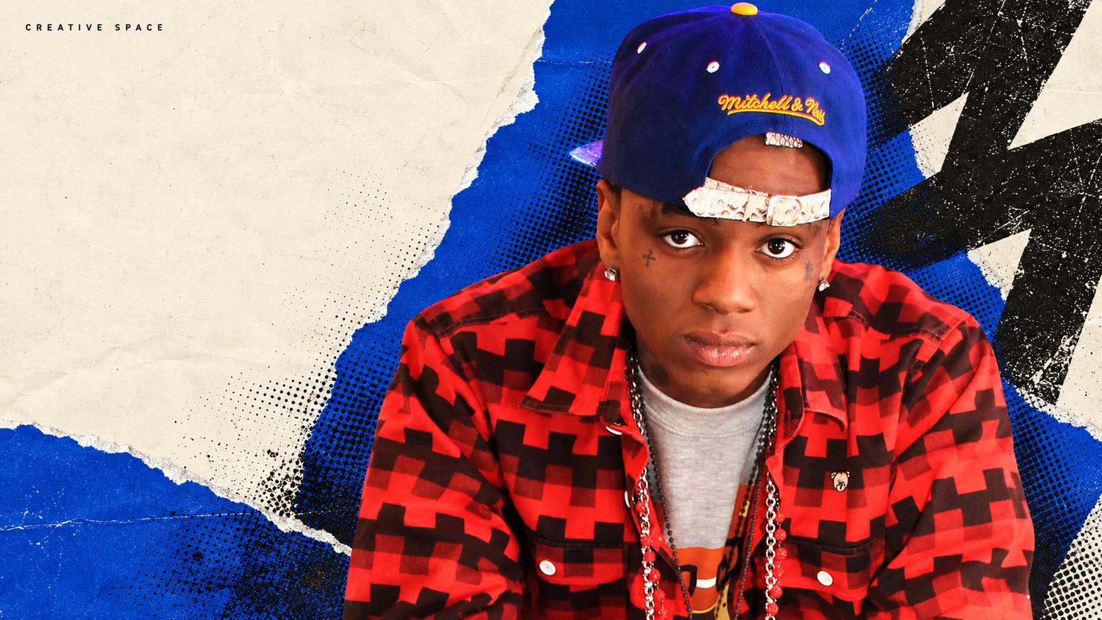 Archival portrait of Soulja Boy in a blue cap and red plaid shirt against a cream and cobalt Creative Space collage.
