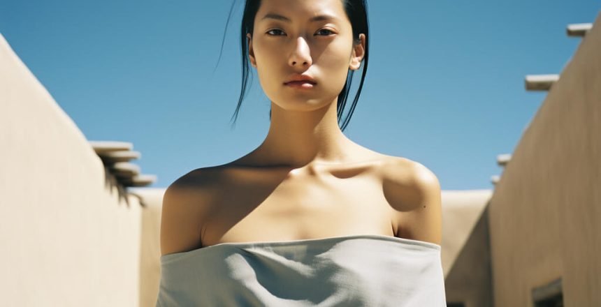 Serene-East-Asian-Woman-with-Pastel-Blue-Top-Against-Adobe-Architecture-and-Blue-Sky